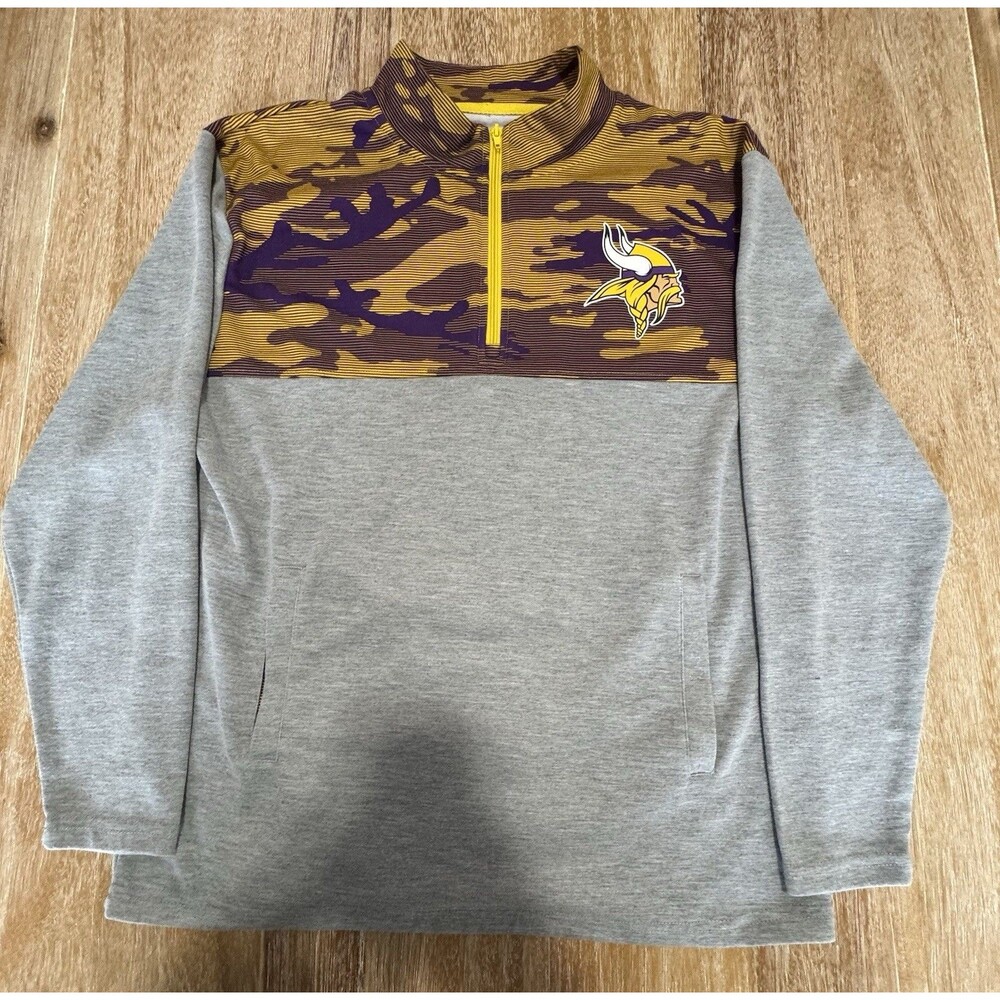 Zubaz Minnesota Vikings NFL Mens Large 1/4 Zip Fleece Pullover Camo Gray EUC